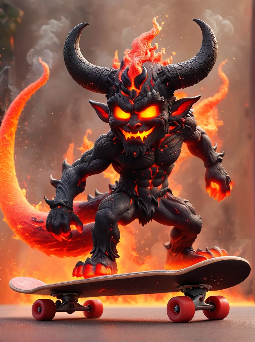 (1 demon whose body is made of lava:1.5)，(With menacing horns and crimson lava skin:1.3), strike a playful pose, Standing on a skateboard, (Close one eye:1.3), Red Eyes, Pouting cute little mouth, Swirling tendrils of smoke leave behind them，proudly, Cartoon Style, full-body shot, Created with C4D and Blender, Blind box toy styles, Super Detail, Anatomically correct, masterpiece, precise