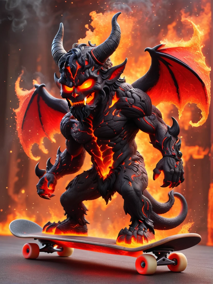 (1 demon whose body is made of lava:1.5)，(With menacing horns and crimson lava skin:1.3), strike a playful pose, Standing on a skateboard, (Close one eye:1.3), Red Eyes, Pouting cute little mouth, Swirling tendrils of smoke leave behind them，proudly, Cartoon Style, full-body shot, Created with C4D and Blender, Blind box toy styles, Super Detail, Anatomically correct, masterpiece, precise