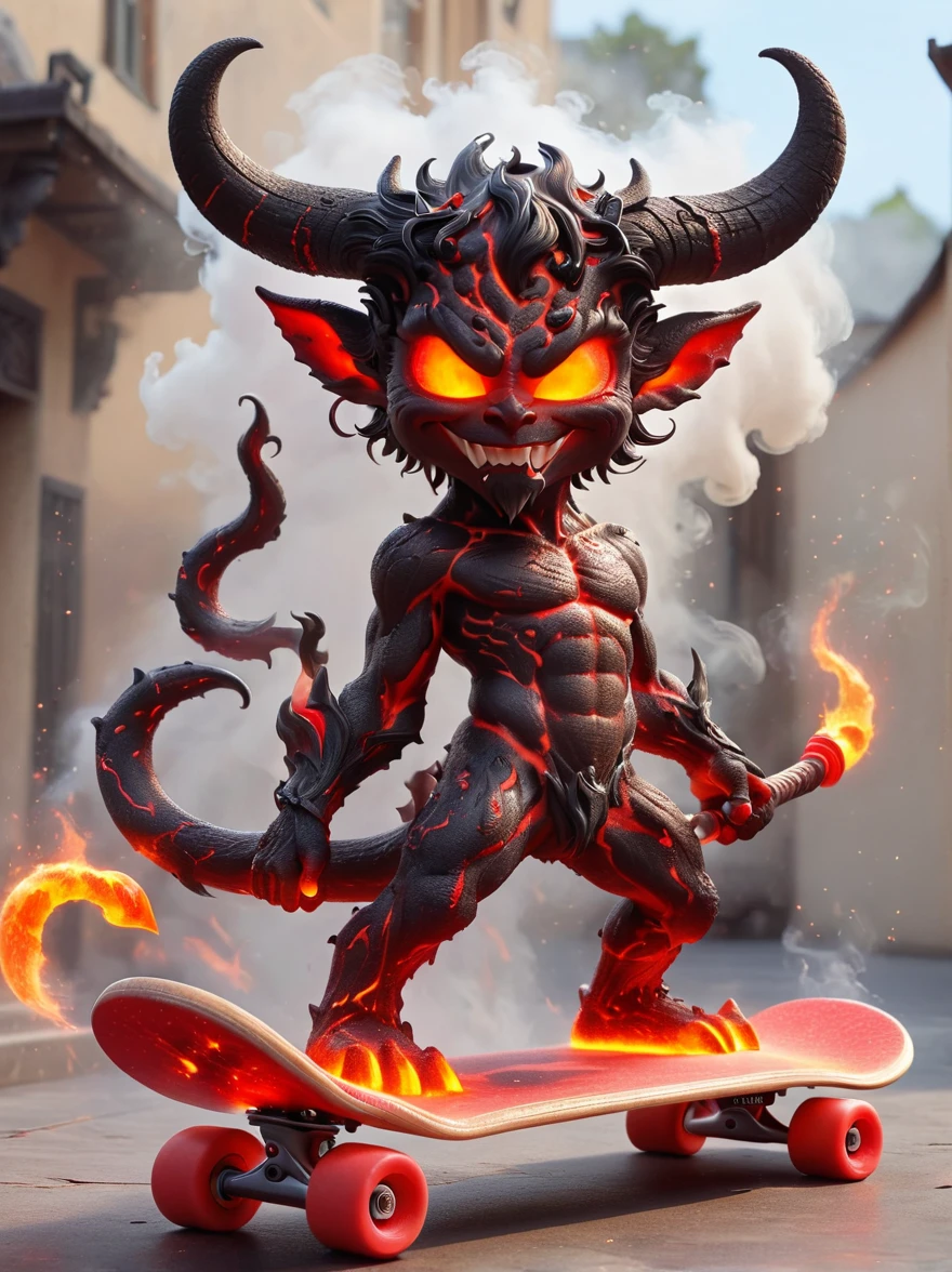 (1 demon whose body is made of lava:1.5)，(With menacing horns and crimson lava skin:1.3), strike a playful pose, Standing on a skateboard, (Close one eye:1.3), Red Eyes, Pouting cute little mouth, Swirling tendrils of smoke leave behind them，proudly, Cartoon Style, full-body shot, Created with C4D and Blender, Blind box toy styles, Super Detail, Anatomically correct, masterpiece, precise