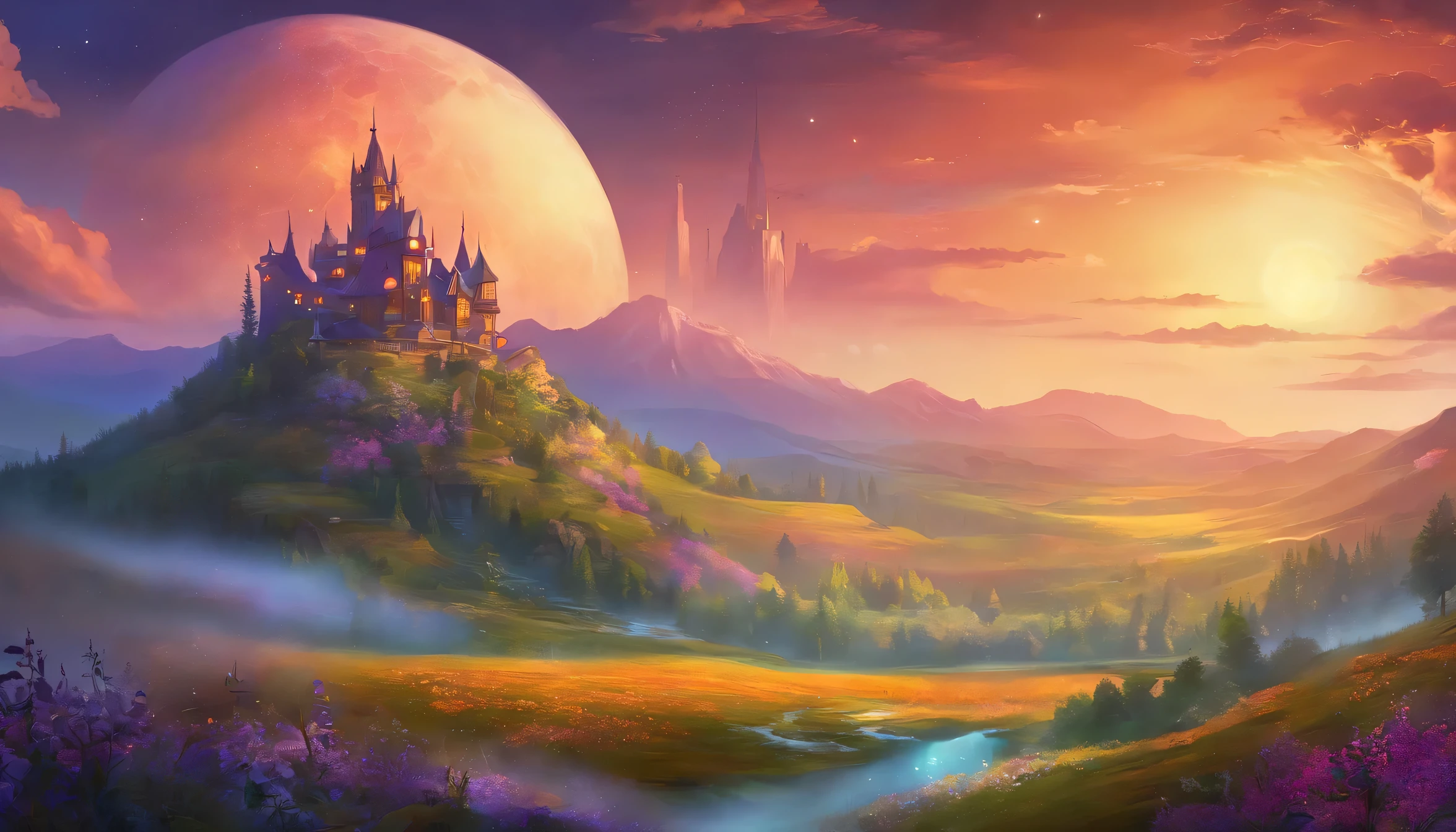 (maximum, Super detailed, Cinematic, Ultra-high resolution), night, Mountain, Dark Sky, (Big moon in the sky), (Saturn in the sky), Galaxy in the sky, Nebula in the sky, the snow's, (Old Western-style building), Flower Field