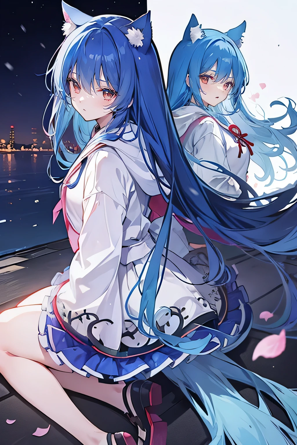 （masterpiece：1.2），Super detailed，lifelike，Expressive eyes，fair skin，perfect face shape，1 girl，
Japanese comics,Gorgeous blue hair,flowing blue hair,flowing clothes,Cat ears,Petals fall,beautiful lola,Baby Angel,
Shaking head with one hand，Cross your legs，Gentle and peaceful background，The pavilion is cool and comfortable,smile, wearing hoodie, background of tokyo,back views,snowing, winter.