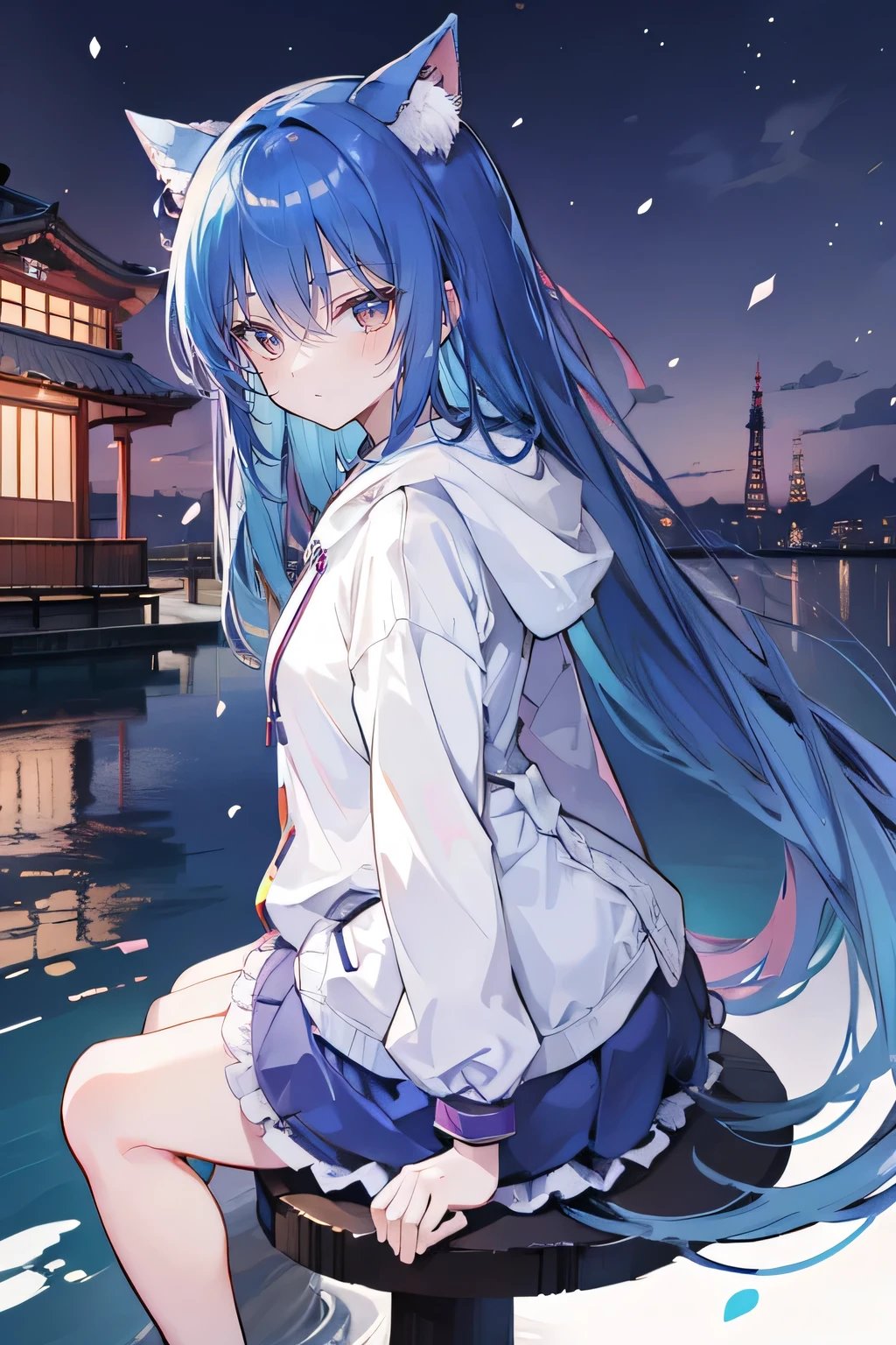 （masterpiece：1.2），Super detailed，lifelike，Expressive eyes，fair skin，perfect face shape，1 girl，
Japanese comics,Gorgeous blue hair,flowing blue hair,flowing clothes,Cat ears,Petals fall,beautiful lola,Baby Angel,
Shaking head with one hand，Cross your legs，Gentle and peaceful background，The pavilion is cool and comfortable,smile, wearing hoodie, background of tokyo,back views,snowing, winter.