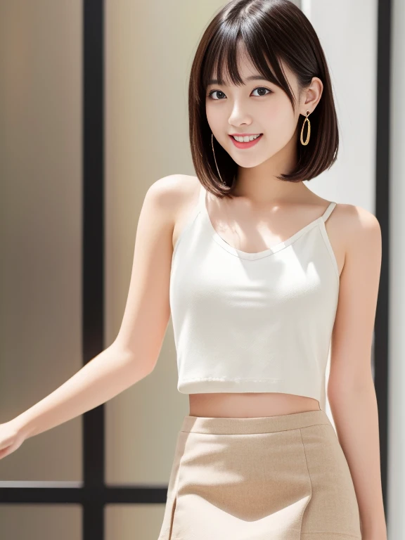 （masterpiece）、(highest quality:1.5)、(16K Wallpaper:1.2)、(Photorealistic:1.2)、(Ultra-detailed:1.2)、(超A high resolution:1.2),(Surreal), (figure), (High resolution), (Very detailed), (best figure), (Professional), (Realistic), (Post-processing), (maximum detail), (Very detailed),(Sharp focus), Sharp focus:1.2,Photorealistic, Ultra-realistic, Backlight, Bright light, (Improvement of quality:1.4),RAW Photos、Healthy thighs、Narrow waist、Big Ass、（Beautiful legs）、((Perfectly detailed five-fingered hands)),（Anatomically correct body）、((1 female:1.４))、Realistic Skin、（Small chest：1.4）,Pretty woman with perfect figure:1.4,(from the front:1.5), (Enhances the beauty of skin texture:1.1), (Beautiful fine details), (Detailed face),Beautiful realistic face,No makeup、美しいBlack Hair、Super Beauty、The best smile、Natural color lip、Even bangs、((29-year-old woman))、Bob Hair、Hair blowing in the wind, (Black Hair, Iris, Watery eyes, Shining Eyes, Short Bob Cut, Small earrings, Lightly reddish), Hair behind the ear、No makeup、 ((tuck mini skirt, White tank top:1.3)),Are standing),(Lift up your skirt to show your underwear),Feel the ecstasy、Open your mouth、scream、Excited face、