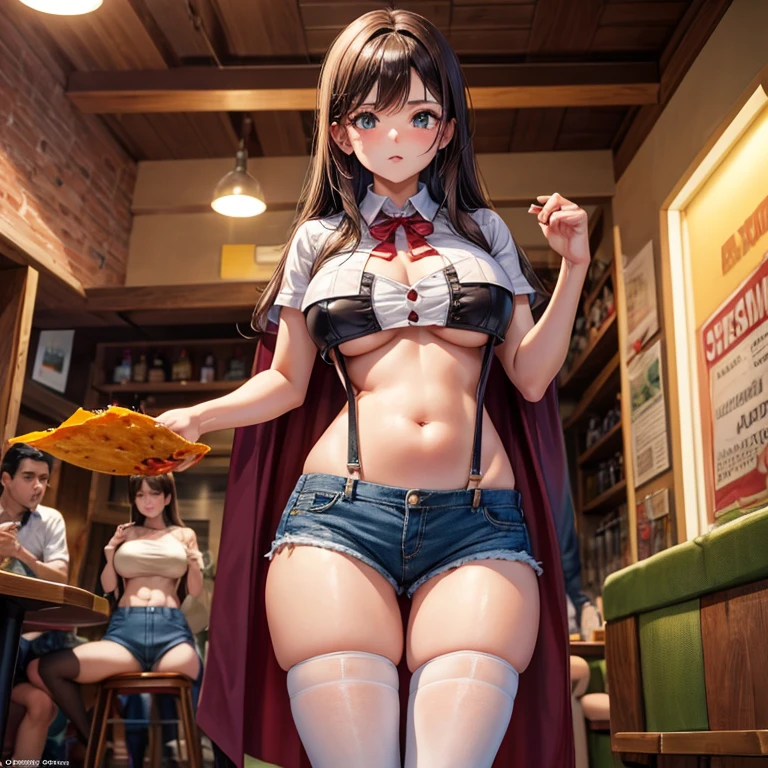 Eating nachos in a Mexican pub、Brown-haired girl in a cape drinking tequila Wearing sneakers High leg shorts with suspenders Large Breasts Showing her belly button Ultra low rise Knee-high socks No underwear Belt on chest