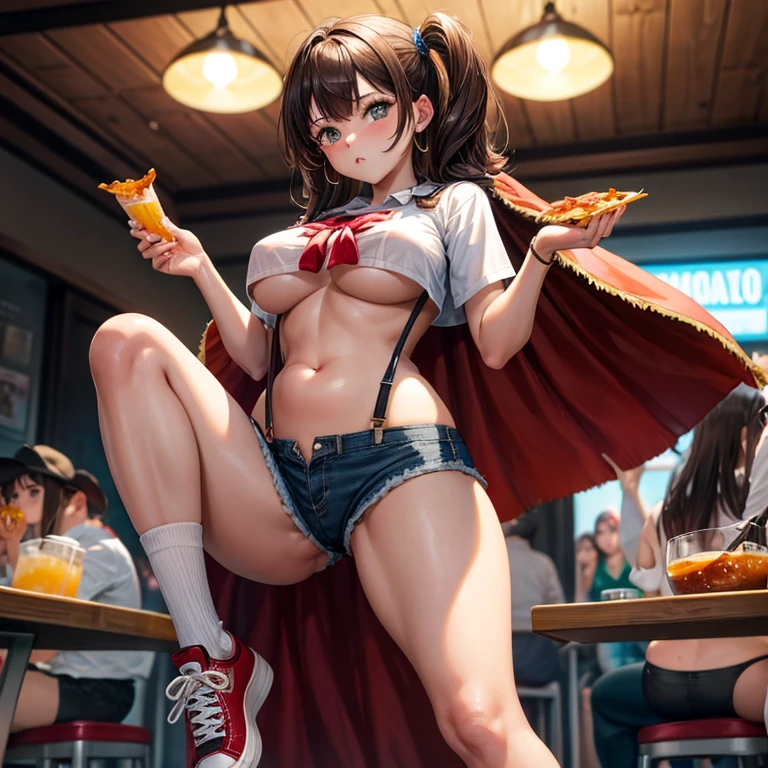 Eating nachos in a Mexican pub、Brown-haired girl in a cape drinking tequila Wearing sneakers High leg shorts with suspenders Large Breasts Showing her belly button Ultra low rise Knee-high socks No underwear Belt on chest