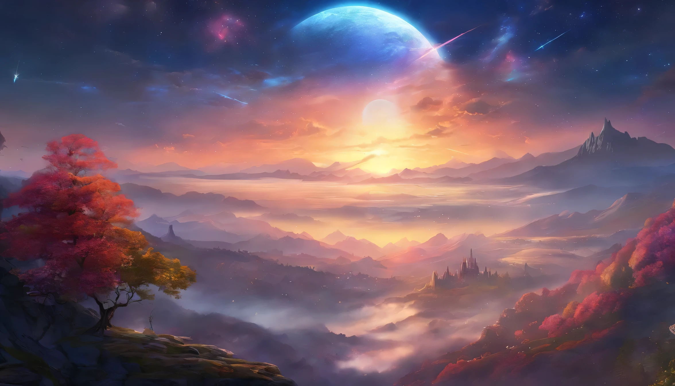Vast landscape photography (View from below, it shows the sky at the top), fortress on top (full moon: 1,2), (shooting star: 0,9), (nebula: 1,3), A Distant Mountain ,(Cold light:1.2), Mountain, Snow-capped Mountain々, Volumetric lighting, Realism BREAK (masterpiece:1.2), (highest quality), 4K, Very detailed, (Dynamic configuration: 1.4), detailed, Colorful details, (Cool color scheme: 1.2), (Shining Lights, Ambience Lighting), dream-like, Elvish, (solo: 1.2)