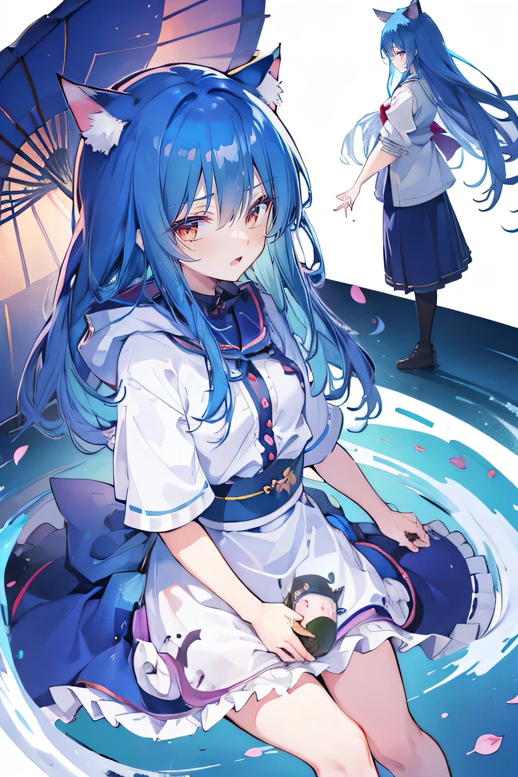 (masterpiece:1.2),Super detailed,lifelike,Expressive eyes,fair skin,perfect face shape,1 girl,
Japanese comics,Gorgeous blue hair,flowing blue hair,flowing clothes,Cat ears,Petals fall,beautiful lola,Baby Angel,
Shaking head with one hand,Cross your legs,Gentle and peaceful background,The pavilion is cool and comfortable,smile, wearing hoodie, background of tokyo,back views,snowing, winter.