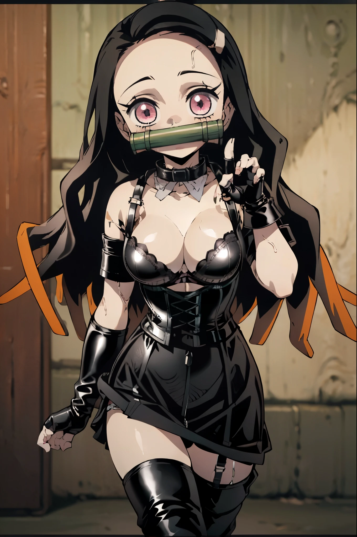 (((chibi:1.4)))、(((:1.4)))、(((Child body type:1.4)))、(((low length:1.4)))、a bitぽっちゃり、BDSM、Queen、mistress、(((One girl)))、solo、(((Long gloves covered to the fingertips in black latex:1.4 )))、(((Black latex corset dress:1.4)))、(((The corset dress is decorated with beautiful lace.)))、(((Corset dress with shoulder straps)))、(((Black latex tight mini skirt:1.4)))、(((Black Thigh Boots)))、Stiletto heels、(((Black latex panties)))、(((Black latex bra)))、(((Black leather collar)))、(((Sexy pose)))、Wide-open legs、(((Erotic)))、(((Cowboy Shot)))、masterpiece, highest quality, One Girl, a bitnezuko, a bit, Multicolored Hair, (Larger clothes:1.5)、View your audience, walking, at the park, Perfect light、Black leather bite gag:1.8、Wicked Smile、Cold Stare、blush、