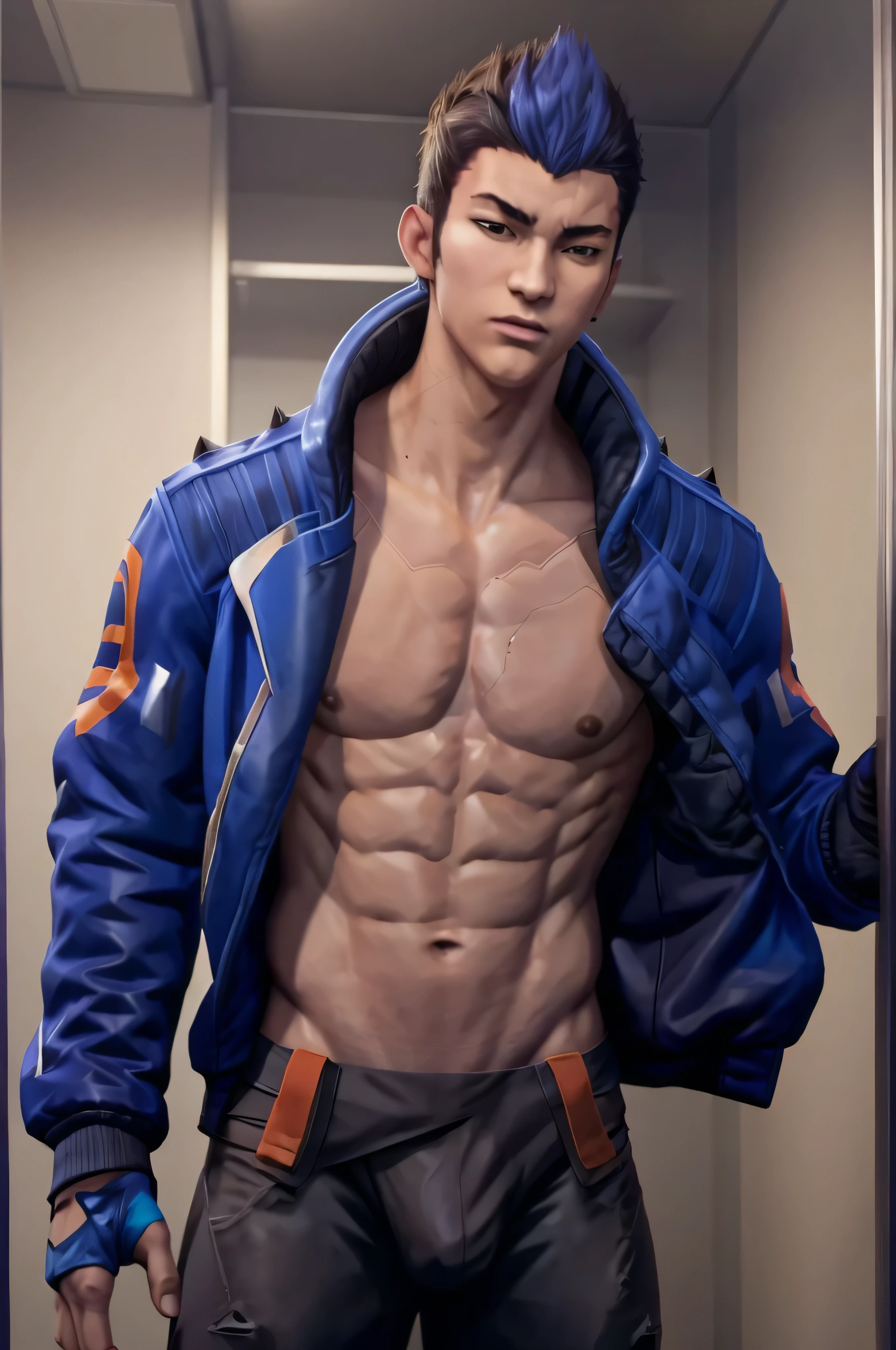 yoru valorant, shirtless, fully shirtless, jacket, fitting room background, calvin Klein underwear