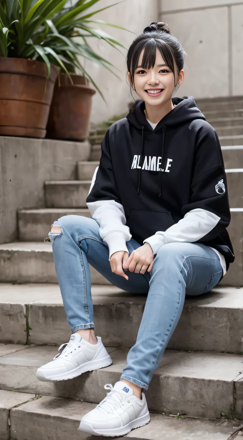highest quality, Realistic, Very detailed, Finer details, High resolution, 8k wallpaper, One beautiful woman,Sit on the stairs、(Wear black socks)smile、(Beautiful teeth alignment、)(Gums are visible) Oversized hoodie, Skinny jeans,( Black sneakers)、Black Hair、 Beautiful Bangs、ear piercing、Perfect dynamic composition, Beautiful and detailed, Full Body Shot, A big smile