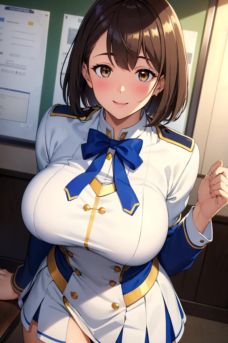 elite , Blue, White and Gold Uniform, White Skirt, White top, Blue Ribbon, Gold Button, Golden shoulder massage, Young people, 19 years, Brown Hair, Haircut with dull bangs, Brown eyes, beautiful Brown eyes, Large Breasts, Impressive body curves, Naughty smile, Pink Lips, , Cute pose, masterpiece, Classroom Background, School、