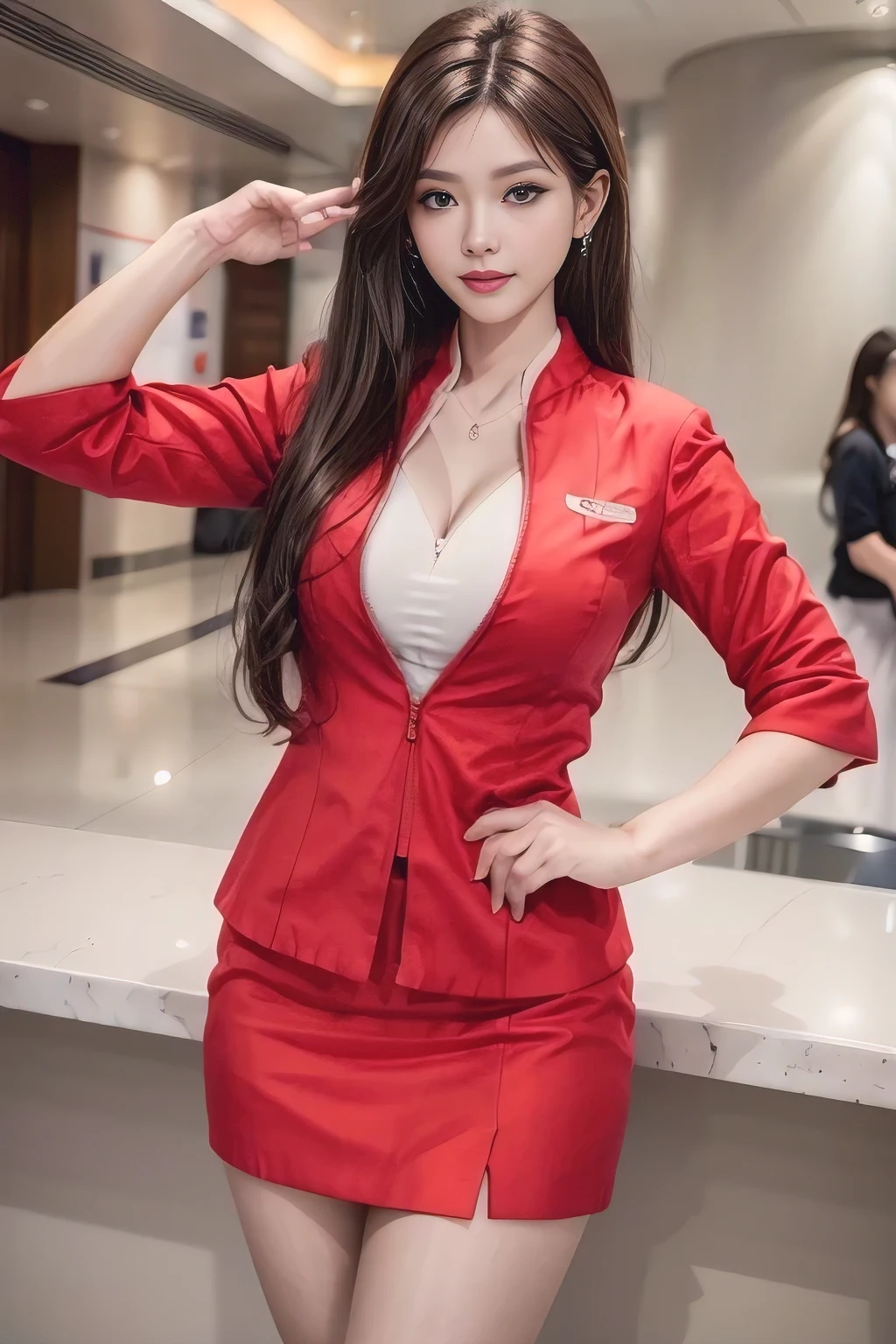AirAsia red jacket uniform、Dark brown hair、Luxury earrings、Captivating look、Blue Eyes、Young Asian Woman