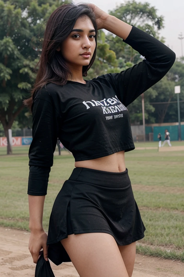 pakistani sports girl 25 years old, beautiful, wonderful, Athletic body, fair skin, black skirt, black T-shirt, age 23, detailed hands, no extra limbs, big busts, tall girl