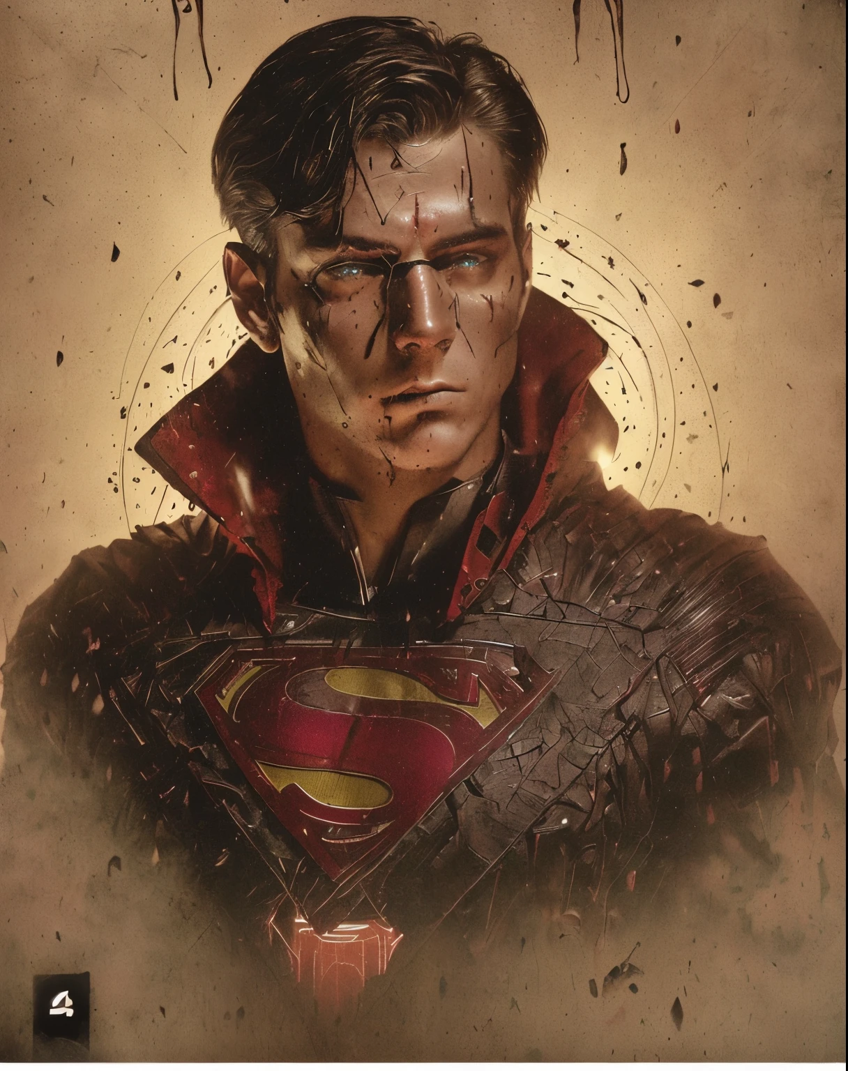 tears ,brown hair,red lazer eyes,man, super man, art pop, masterpiece,intricate details, horror theme ,portrait,dark ambience, dust,low light ,cinematic, ambient oclussion, chromatic aberration, Use a slightly low-angle perspective to make Superman appear larger than life, reinforcing his status as a heroic and sexy icon