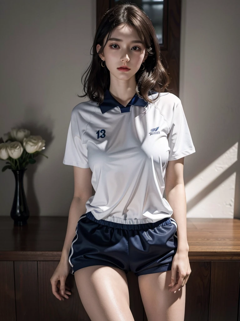 absurdres, RAW photo, extremely delicate and beautiful, masterpiece, Best Quality, ultra high resolution, 32k, hyperrealistic, ultra-detailed, detailed description, pale skin, 20 years old, detailed beautiful face and eyes, tearful mole, earring, Colossal tits, short medium hair, wavy hair, full body shot, alone, bare legs, ((volleyball uniform)), shorts,