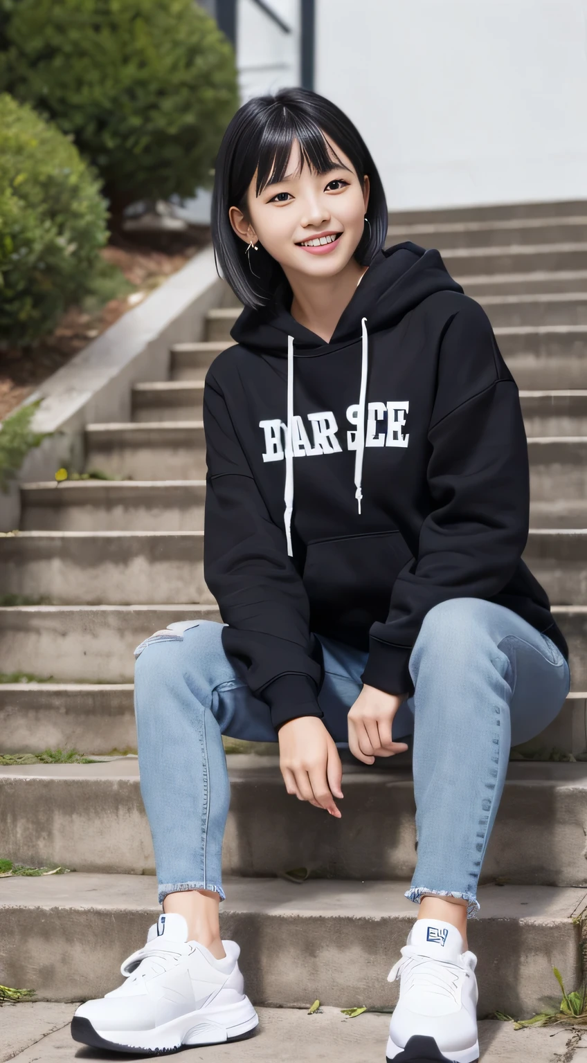 highest quality, Realistic, Very detailed, Finer details, High resolution, 8k wallpaper, One beautiful woman,Sit on the stairs、(Wear black socks)smile、(Beautiful teeth alignment、)(Gums are visible) Oversized hoodie, Skinny jeans,( Black sneakers)、Black Hair、 Beautiful Bangs、ear piercing、Perfect dynamic composition, Beautiful and detailed, Full Body Shot, A big smile