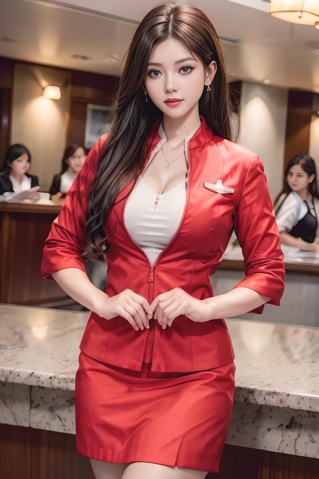 AirAsia red jacket uniform、Dark brown hair、Luxury earrings、Captivating look、Blue Eyes、Young Asian Woman