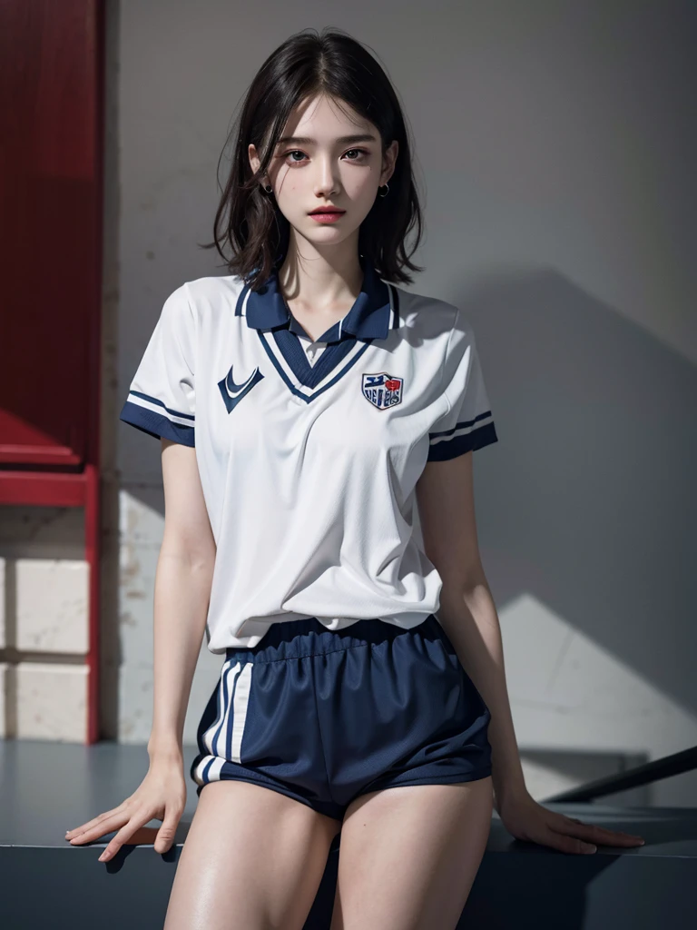 absurdres, RAW photo, extremely delicate and beautiful, masterpiece, Best Quality, ultra high resolution, 32k, hyperrealistic, ultra-detailed, detailed description, pale skin, 20 years old, detailed beautiful face and eyes, tearful mole, earring, Colossal tits, short medium hair, wavy hair, full body shot, alone, bare legs, ((volleyball uniform)), shorts,