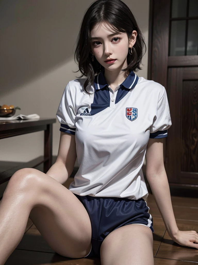 absurdres, RAW photo, extremely delicate and beautiful, masterpiece, Best Quality, ultra high resolution, 32k, hyperrealistic, ultra-detailed, detailed description, pale skin, 20 years old, detailed beautiful face and eyes, tearful mole, earring, Colossal tits, short medium hair, wavy hair, full body shot, alone, bare legs, ((volleyball uniform)), shorts,