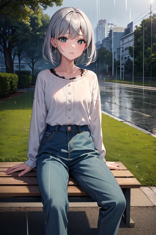cute, masterpiece, highest quality, rainに濡れる1人の女の子, alone,Silver Hair, Small earrings Medium hair, casual,outside,rain,Artistic,An illustration,Pants Style,Line art,Look down,Aqua Eye,Landscape,Sit on a bench,Next-door view