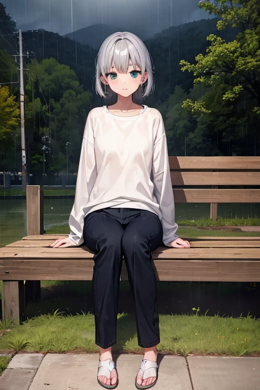 cute, masterpiece, highest quality, rainに濡れる1人の女の子, alone,Silver Hair, Small earrings Medium hair, casual,outside,rain,Artistic,An illustration,Pants Style,Line art,Look down,Aqua Eye,Landscape,Sit on a bench,Next-door view