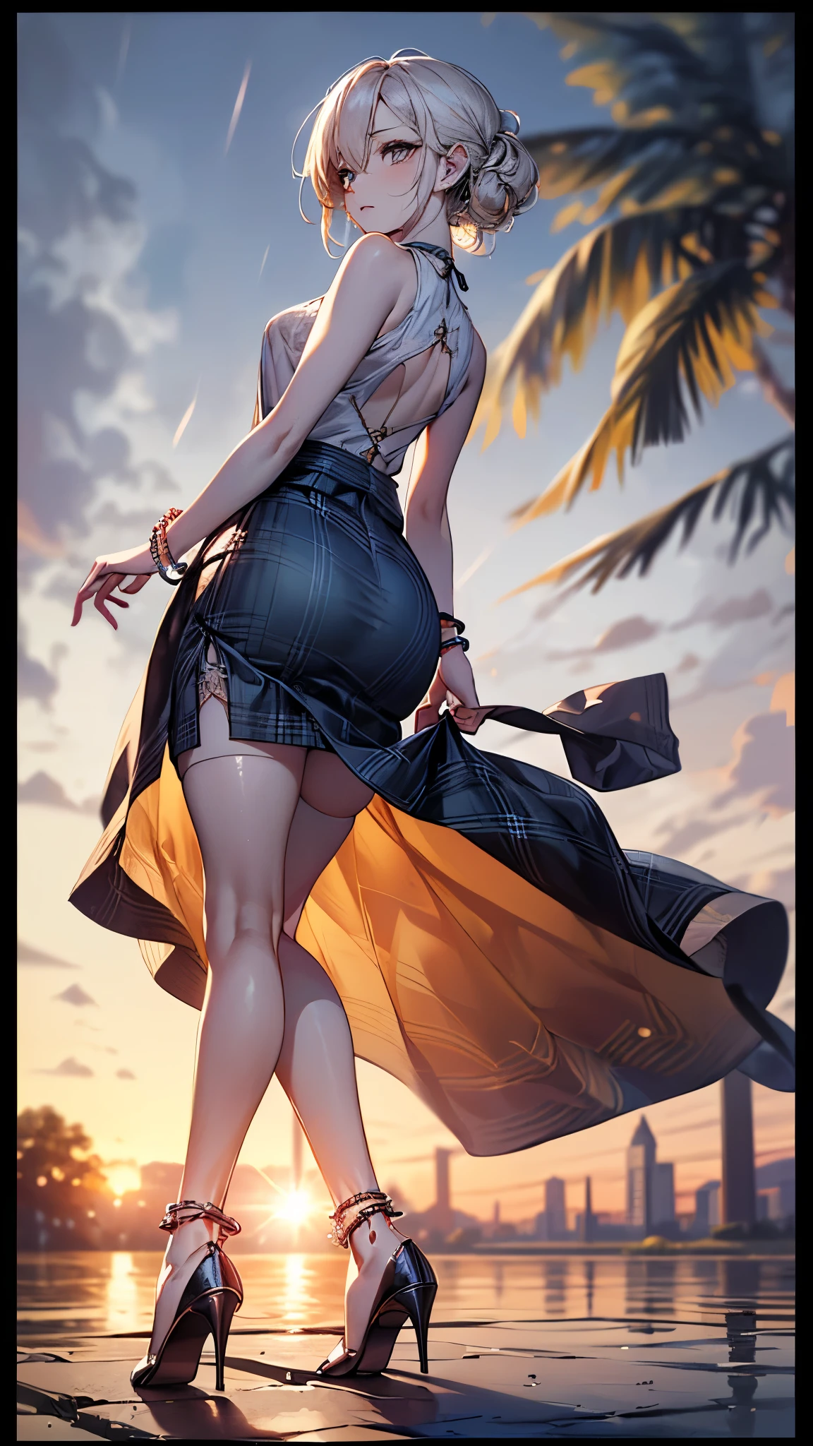 ((Biologically correct limb count))、(( whole body including face))、4K、Masterpiece、((Focus on the face))、((Symmetrical, well-proportioned facial features))、Eyes with delicate depictions、(((1 person)))、Beautiful woman、Outstanding style、Slender Body、(((High heels with anklets、Shiny Stockings Sleeveless、Checked skirt)))、tie、(((White frame photo、white frame photo)))、((Looking up))、Expressionless、(((Riverside、Stand on the surface of the water)))、Close-up photo of the upper body、High angle、dawn、rain、((A backlit photo with the sun in the background))