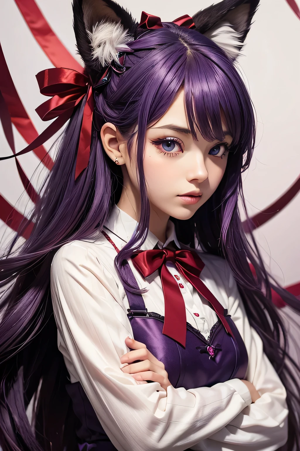 a beautiful girlanthropomorphic fox, purple in color,with beautiful eyes, face, bows of red ribbons on her head.lots of wool,styling,composition 