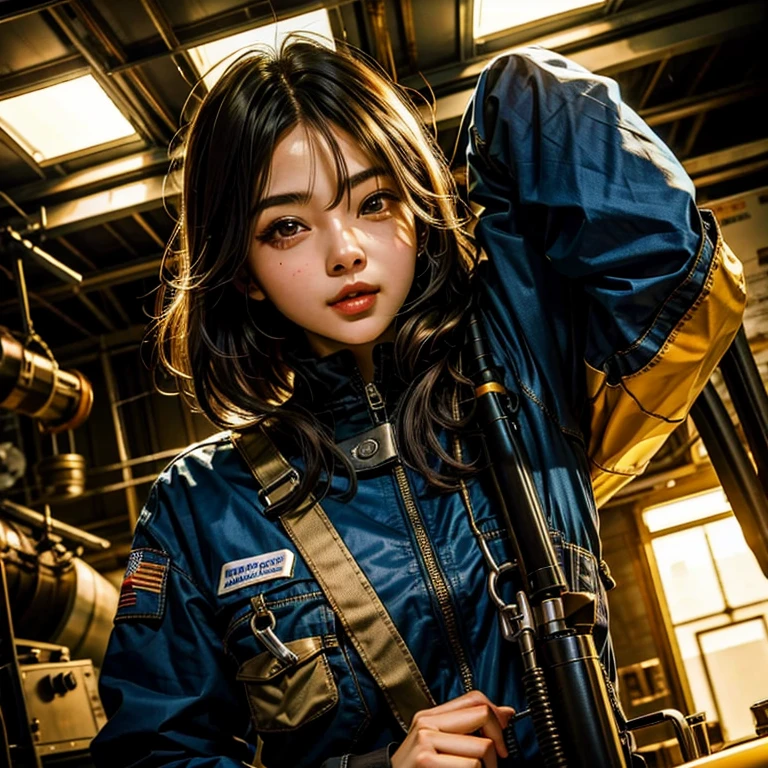The story of one female aircraft mechanic。She is very attractive and beautiful。She is a beautiful woman who is so cute and sexy that it's hard to believe she's 32 years old.。I usually wear khaki green overalls at work.、Wearing brown leather boots, A narrow hangar with a low ceiling、((Right behind、A bright red reciprocating engine plane used for aerobatic flying is parked here.))。The aircraft is equipped with a single engine.、Equipped with a wooden propeller((It's a very beautiful mid-wing aircraft.。)), hot〜While saying、The girl took off her overalls from the top half.、The sleeves were wrapped around the waist.。Rui々Her beautiful skin and white tank top look very pretty.。A tight tank top accentuates her voluptuous cleavage。Tight abdominal muscles、You would never guess from her soft-looking breasts., When you notice this、He smiled at me while holding the wrench., Her sweat makes her sex appeal stand out even more., I was fascinated by the beautiful aircraft and the attractive women.。, Did you do any engine maintenance?、on her upper body、There is oil from the aircraft here and there.。, Did he think I was looking at his chest?、He looks at me with a slightly grinning expression.。, Her chest is certainly captivating、It seems that there is a big misunderstanding.。, Even when she teases, her appearance is somehow seductive, so it's no wonder that everyone is captivated by her.。, Dynamic perspective,