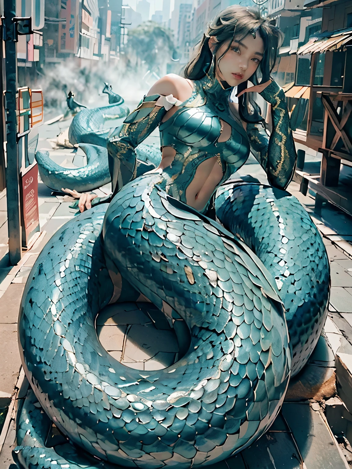 ((Highest quality、unity 8k wallpaper、32k、masterpiece、Very detailed、Ultra-high resolution、Ultra-high resolution、 Very detailedな顔, RAW Photos, Professional, Ultra-fine painting, Anatomically Correct Lizard Man)) Yui Kotegawa transforms into a lizard, Completely naked, kotegawayui, Long black hair, Yellow Eyes, A magnificent long lizard tail, (Extends from the spine、Tail extending from the tailbone, Tyrannosaurus foot with sharp claws), Fine blue scales that grow like thigh-length socks, Fine blue scales that grow like long gloves , Long nails), Nipples are fully visible, ((There are fine scales on the sides, Fine blue scales around the waist, Scales on the back, Scales from flank to thigh)), The boundary between the scales and the skin is unclear, whole body, Are standing、front