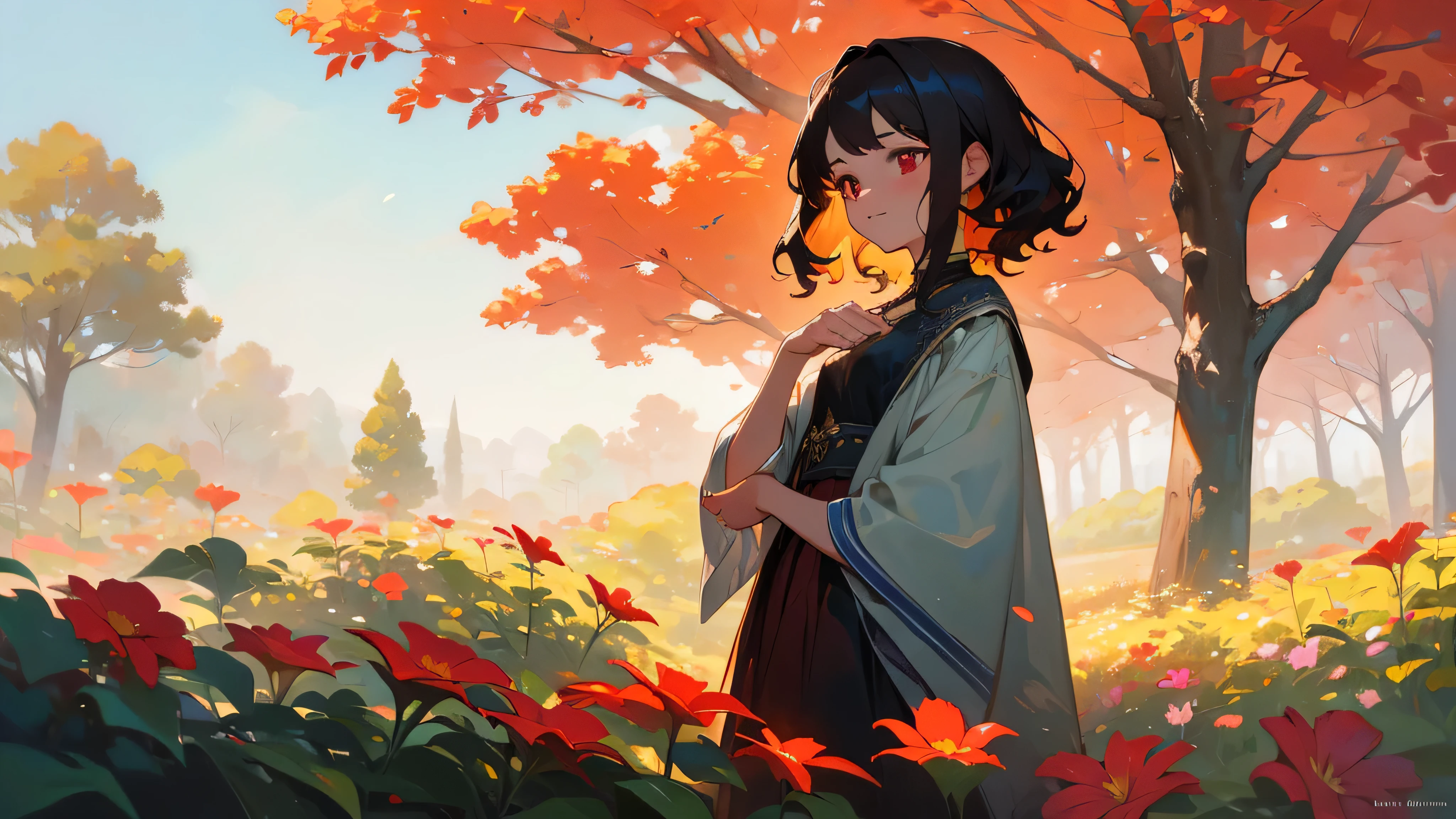 (best quality,4k,8k,highres,masterpiece:1.2),ultra-detailed, girl with short wavy hair, cute hairstyle, dark red eyes,wearing a stylish outfit,standing in a beautiful garden surrounded by colorful flowers,soft sunlight illuminating her face and creating a warm glow,peaceful and calm atmosphere, with a touch of magic and mystery.A textured oil painting with vibrant colors,intense brushstrokes, and intricate details, giving a dreamlike and ethereal quality to the artwork.