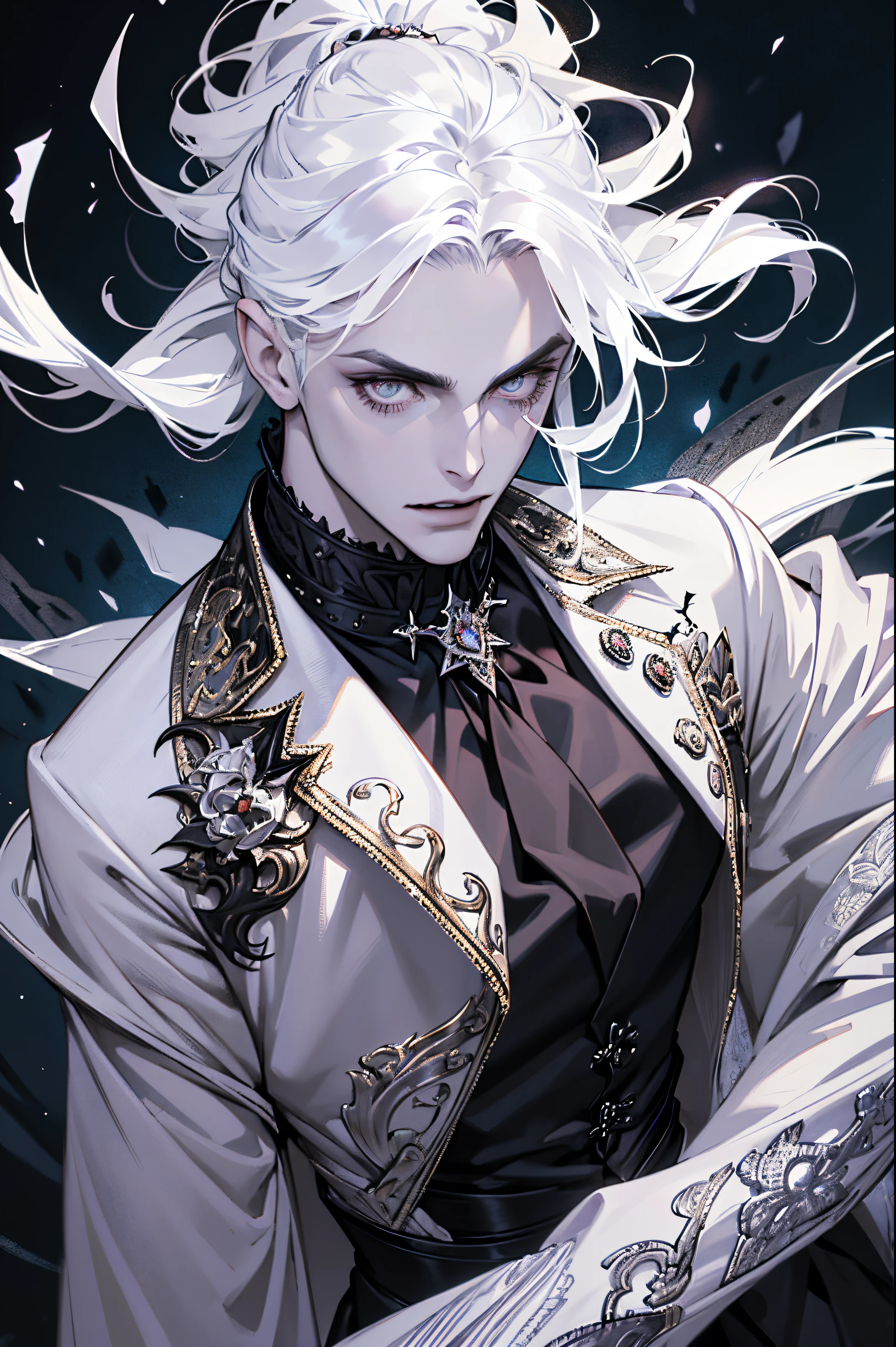 Insanely detailed photograph of a gorgeous vampire man, goth Renaissance, long voluminous white hair, intricate white eyes, fantastical, vampire, ethereal, hyperdetailed, 32k resolution, dynamic lighting, hyperdetailed, intricately detailed, trending on Artstation, triadic colors, volumetric lighting, BalenciagaStyle, 1 male