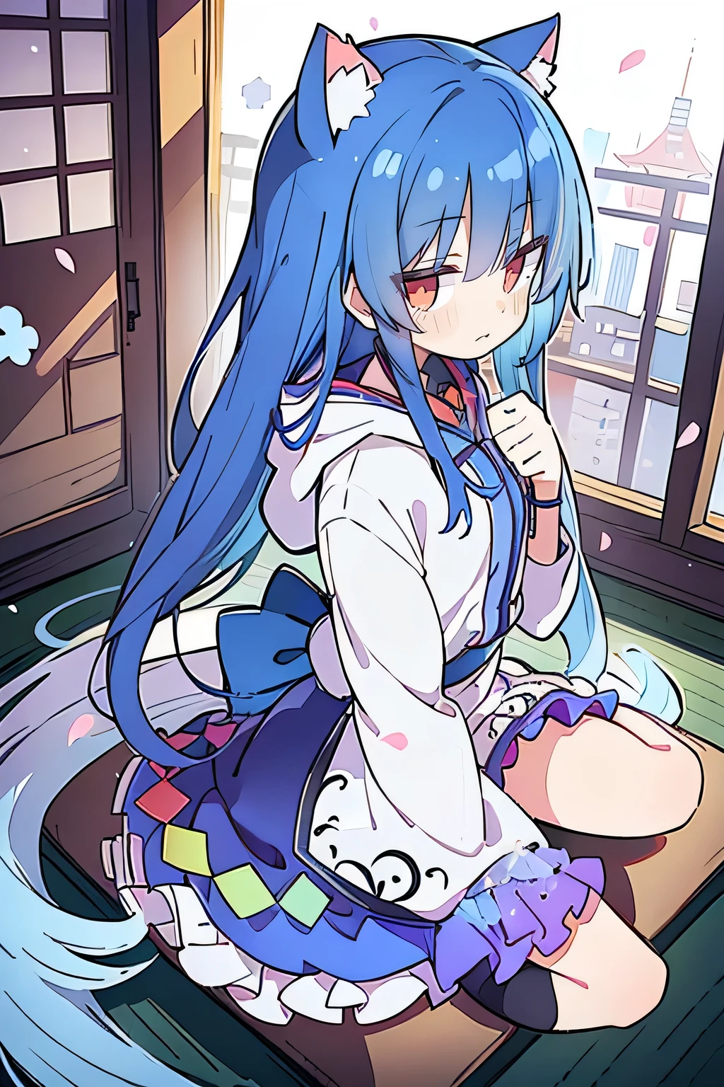 （masterpiece：1.2），Super detailed，lifelike，Expressive eyes，fair skin，perfect face shape，1 girl，
Japanese comics,Gorgeous blue hair,flowing blue hair,flowing clothes,Cat ears,Petals fall,beautiful lola,Baby Angel,
Shaking head with one hand，Cross your legs，Gentle and peaceful background，The pavilion is cool and comfortable,smile, wearing hoodie, background of tokyo,back views,snowing, winter.