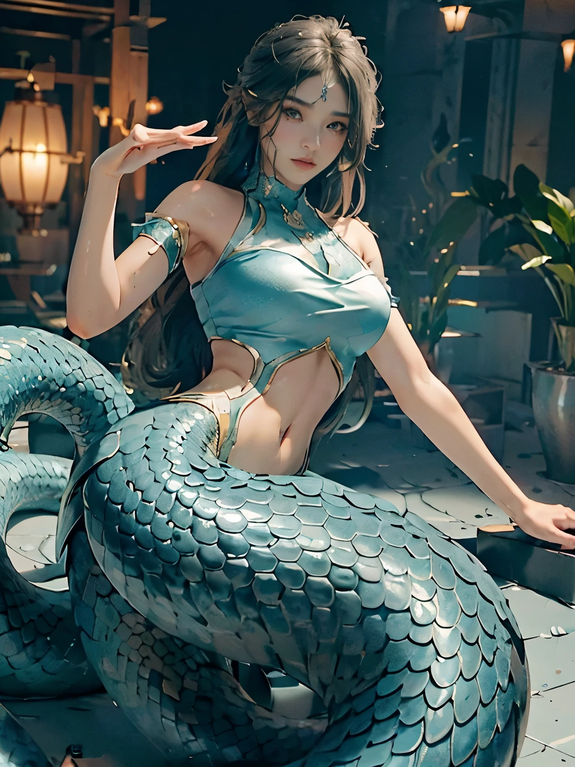 ((Best image quality, 8k, masterpiece: 1.3)), giant, giant snake, giant snake queen, Beautiful Malay woman with slim abs: 1.3, (casual hairstyle, Big without leaking: 1.2), Showing cleavage, ( Snake scales: 1.1, ( Mermaid:1.2),(Long snake tail:1.3), Ultra-realistic golden scales, white wings, angry face, Super serious face, Delicate eyes, Double eyelids, Smooth and tender skin, Reflective skin , they want , urban, Sharp vision, giant concept,