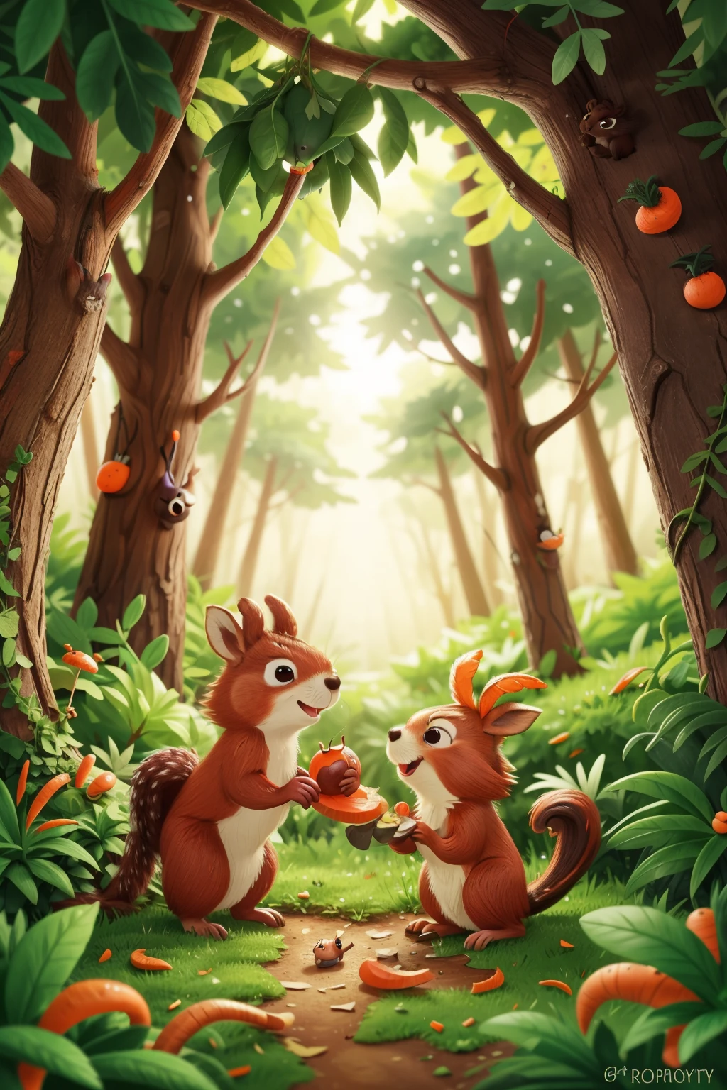In the heart of a magical forest, two mischievous squirrels, with twinkling eyes and bushy tails, showed an insatiable fondness for carrots. As they scampered through the woods, their playful antics followed the colorful trail of carrot peels they had carelessly discarded. With every rustle in the leaves and snap of twigs, their curious expressions grew more excited. They eagerly awaited the discovery of their precious stash, hidden away in their cozy tree home, and the delightful crunch of another succulent carrot awaited them at the end of their enchanting adventure.