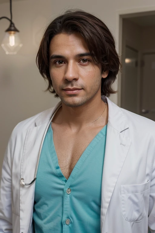 Um homem jovem (entre 25 e 30 anos) with white coat and stethoscope hanging around his neck, conveying confidence and professionalism.
Pele branca, cabelos pretos e olhos claros (azuis, verdes ou acinzentados).
Serene and confident facial expression, as if you were about to give a diagnosis or explain a medical procedure.
Postura ereta e firme, demonstrando autoridade e conhecimento.
The surrounding environment could be a doctor's office, a hospital or any other healthcare-related location.
Detalhes adicionais:
Lighting should be bright and professional, highlighting the doctor's figure.
A qualidade da imagem deve ser alta e realista, with clear details on the face, in the white coat and medical instruments.
The doctor's smile can be subtle and convey friendliness, but also security and reliability.
Doctor's body language can indicate expertise, such as hands crossed in front of the chest or arms resting on a table.
It is possible to include elements that represent the doctor's profession, such as a medical record or a medical book.