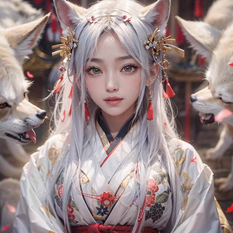 Hide in the ancient shrine、Hair flows、 ((highest quality、masterpiece、8k、best image quality、ultra high resolution、Award-winning work)、(accurate anatomy:1.1)、(look at me and smile:1.1)、Shining fair skin with ultra high resolution、most detailed face、ultra high resolution detailed face、ultra high resolutionの髪の毛、(ultra high resolutionの煌めく瞳:1.1)、Beautiful face drawn in every detail、(blurred background:1.1)、ancient shrine maiden clothes, chest together, tattoo、white fox aside 