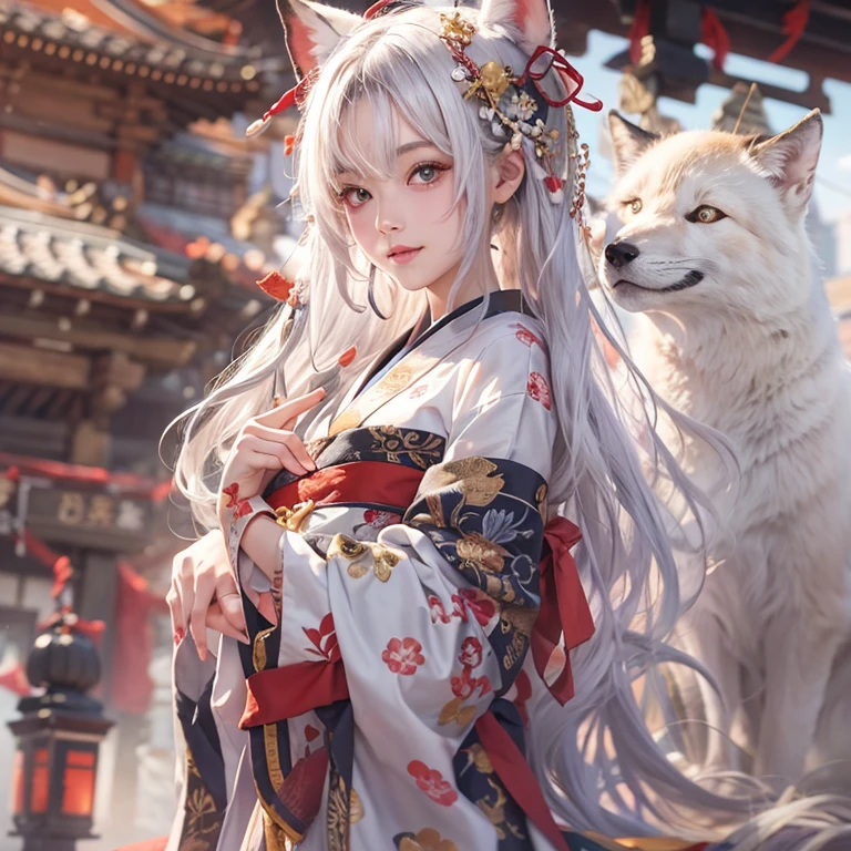 Hide in the ancient shrine、Hair flows、 ((highest quality、masterpiece、8k、best image quality、ultra high resolution、Award-winning work)、(accurate anatomy:1.1)、(look at me and smile:1.1)、Shining fair skin with ultra high resolution、most detailed face、ultra high resolution detailed face、ultra high resolutionの髪の毛、(ultra high resolutionの煌めく瞳:1.1)、Beautiful face drawn in every detail、(blurred background:1.1)、ancient shrine maiden clothes, chest together, tattoo、white fox aside