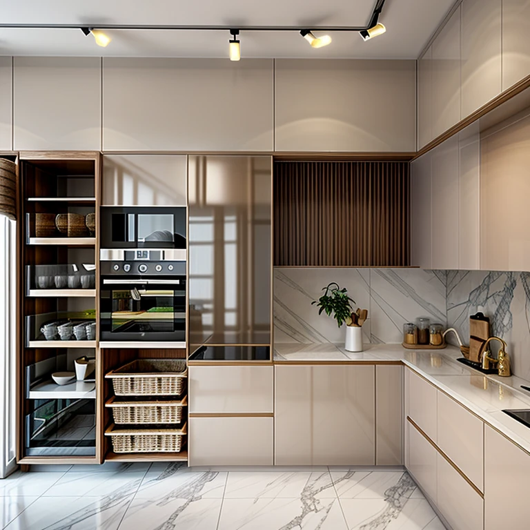 best quality, masterpiece, Interior design, cream tone, kitchen, 3000k