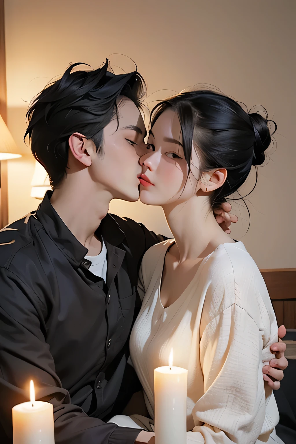 Amazing portrait of a boy and a woman who is a beautiful woman kissing each other with passion in a bedroom which is a bright room with candles lit during night time,