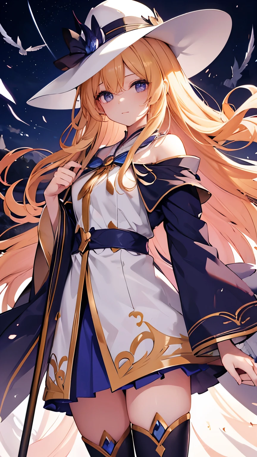 A magical girl with long, rich blonde hair blowing in the wind, flying through the night sky astride a staff. She wears a wide-brimmed hat and robes typical of wizards.