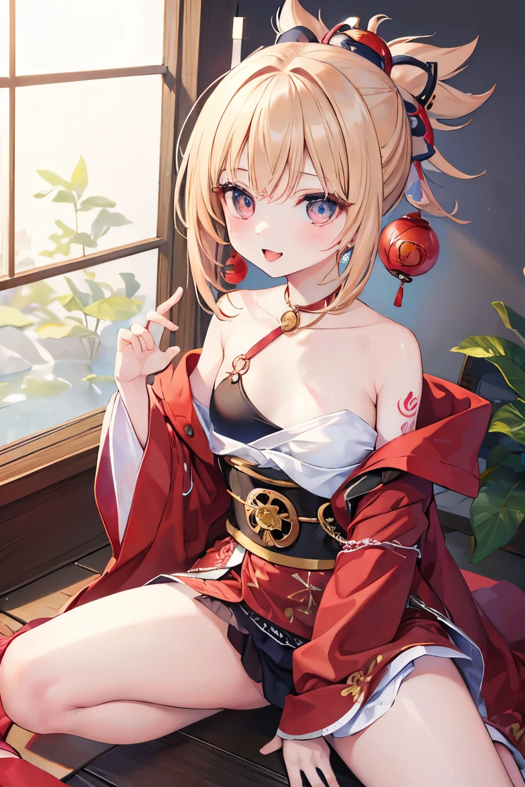Very beautiful and Shining Eyes、Shining Eyes、((1 girl))、Small breasts、Big Mouth、Childish clothes、7-year-old girl,highest quality, masterpiece, High resolution, alone, {yoimiya_Genshin Impact:1.15},young, blonde_hair, 前hair, hair_ornament, ponytail, 1 female、、masterpiece、highest quality、Accurate、Oiran、Provocative pose、tongue、Big eyes、Spread your legs、The whole body is visible、masterpiece, highest quality, High resolution, Get used to it, Teenage Girl，ボサボサのhair，sexy，Have a tattoo，Attractions，Heartwarming，Heart rate，Cropped shoulders，
