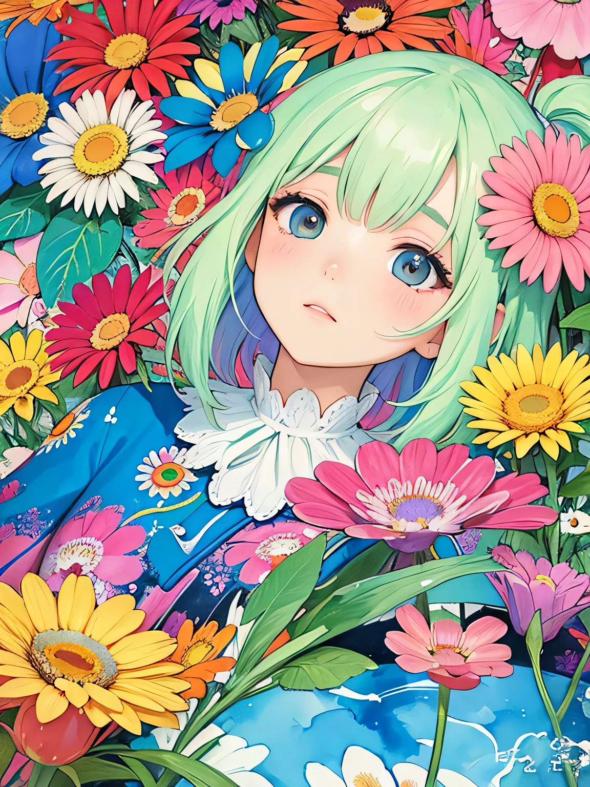 Takashi Murakami style、8K Quality、Intense watercolor, Detailed watercolor art, Watercolor splash, Surreal, avant-garde pop art, Beautiful and expressive paintings, Beautiful artwork illustration, Very colorful tones, wonderful, Cool beauty, highest quality、Official Art, Vector art, Stylish design, ((The most beautiful girl of all time)), (((highest quality))), HDR, ((detailed)), (((Doodle Art)), ((masterpiece)), ((Super detailed)), (((Colorful flowers))), Midsummer Night Sky,