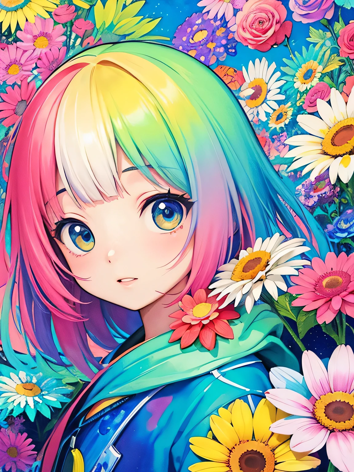 Takashi Murakami style、8K Quality、Intense watercolor, Detailed watercolor art, Watercolor splash, Surreal, avant-garde pop art, Beautiful and expressive paintings, Beautiful artwork illustration, Very colorful tones, wonderful, Cool beauty, highest quality、Official Art, Vector art, Stylish design, ((The most beautiful girl of all time)), (((highest quality))), HDR, ((detailed)), (((Doodle Art)), ((masterpiece)), ((Super detailed)), (((Colorful flowers))), Midsummer Night Sky,