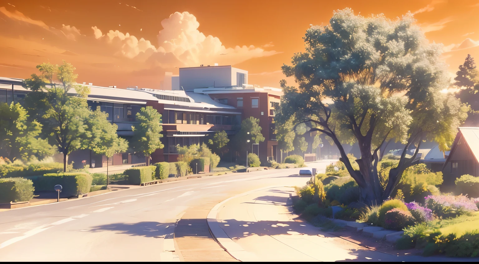 (best quality,4k,8k,highres,masterpiece:1.2),ultra-detailed,(realistic,photorealistic,photo-realistic:1.37),HDR,UHD,studio lighting,ultra-fine painting,sharp focus,physically-based rendering,extreme detail description,professional,vivid colors,bokeh,sunset,orange sky,anime,background,campus,university
