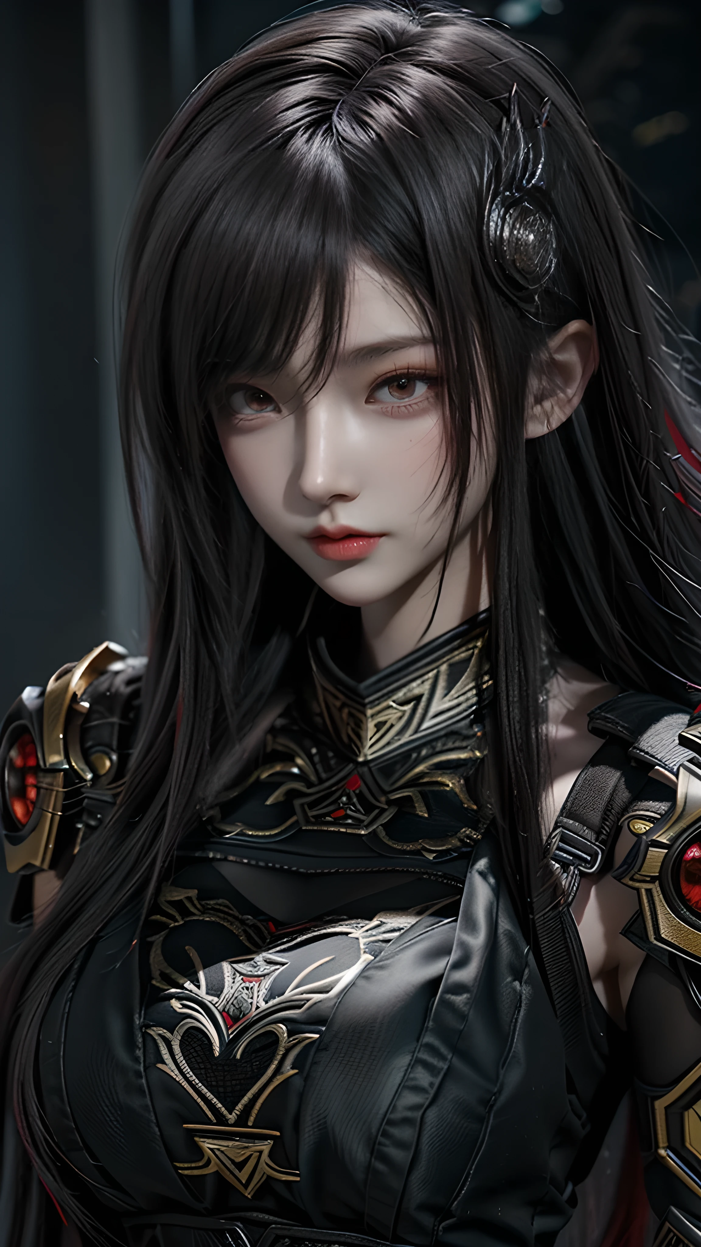 masterpiece,Game Art,Best picture quality,Maximum resolution,8k,(portrait),Unreal Engine 5 rendering works,(Digital Photography),((portrait Feature:1.5)),
20 year old girl,Short hair details,Long bangs,(The red eye makeup is carefully applied),(With long gray hair:1.4),(Large target, plump breasts),Elegance and nobility,Brave and charming,
(The future armor combines the characteristics of Chinese armor,hollow-carved design,Power Armor,Mysterious oriental runes,Exquisite clothing patterns,Magic Flash),Future Warrior,Cyberpunk Characters,War Background,
Movie Lighting，Ray Tracing，Game CG，((3D Unreal Engine))，OC rendering reflection mode