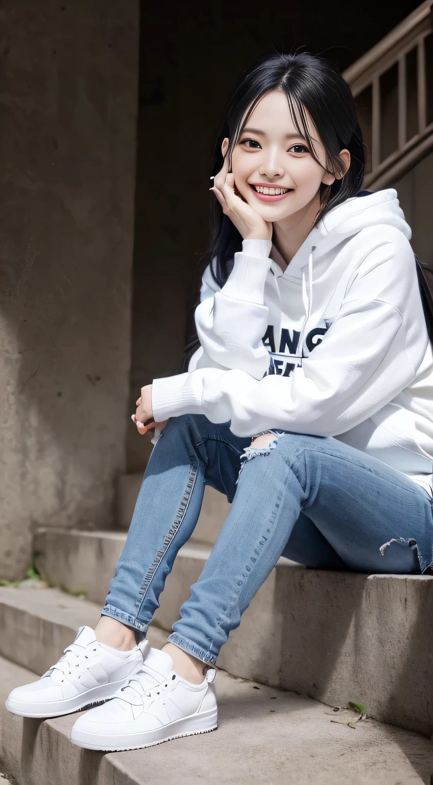 highest quality, Realistic, Very detailed, Finer details, High resolution, 8k wallpaper, One beautiful woman,Sit on the stairs、(Wear black socks)smile、(Beautiful teeth alignment、)(Gums are visible) Oversized hoodie, Skinny jeans,( Black sneakers)、Black Hair、 Beautiful Bangs、ear piercing、Perfect dynamic composition, Beautiful and detailed, Full Body Shot, A big smile
