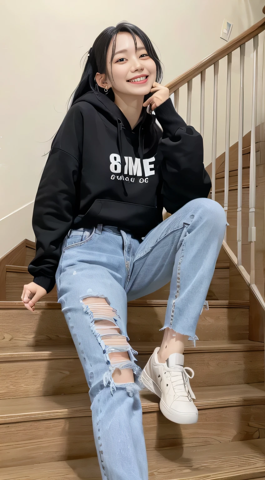 highest quality, Realistic, Very detailed, Finer details, High resolution, 8k wallpaper, One beautiful woman,Sit on the stairs、（Wear black socks）smile、（Beautiful teeth alignment、）（Gums are visible） Oversized hoodie, Skinny jeans,（ Black sneakers）、Black Hair、 Beautiful Bangs、ear piercing、Perfect dynamic composition, Beautiful and detailed, Full Body Shot, A big smile

