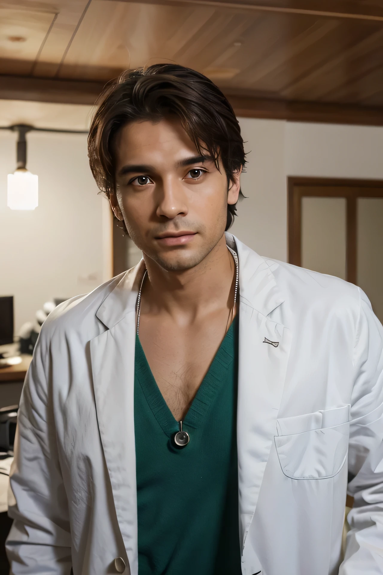Um homem jovem (entre 25 e 30 anos) with white coat and stethoscope hanging around his neck, conveying confidence and professionalism.
Pele branca, cabelos pretos e olhos claros (azuis, verdes ou acinzentados).
Serene and confident facial expression, as if you were about to give a diagnosis or explain a medical procedure.
Postura ereta e firme, demonstrando autoridade e conhecimento.
The surrounding environment could be a doctor's office, a hospital or any other healthcare-related location.
Detalhes adicionais:
Lighting should be bright and professional, highlighting the doctor's figure.
A qualidade da imagem deve ser alta e realista, with clear details on the face, in the white coat and medical instruments.
The doctor's smile can be subtle and convey friendliness, but also security and reliability.
Doctor's body language can indicate expertise, such as hands crossed in front of the chest or arms resting on a table.
It is possible to include elements that represent the doctor's profession, such as a medical record or a medical book.