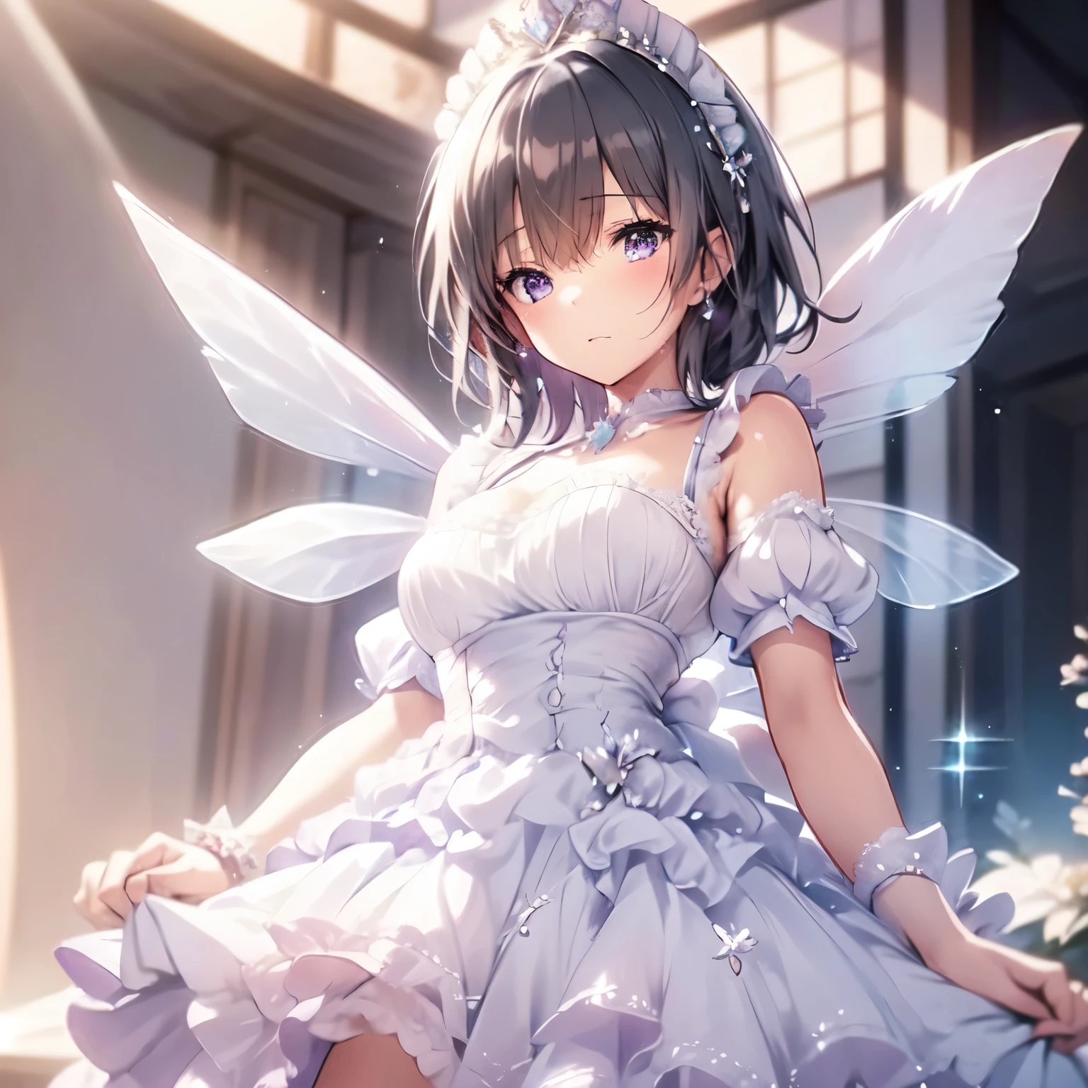 (highest quality, Very detailed, beautiful, Exquisite, 16k, Full HD), Looking down,(Sleep on your back,On the bed),((soft, Sparkly layered dress)),A large and beautiful dress inspired by rose flowers, Hanabubuki,The screen is surrounded by flowers,Frills,Decorated with rhinestones、Ball gown with intricate waves,(Art Station, Fantasy art:1.2), pastel colour,((Giant white fairy wings:1.5)),(fluffy hair,tiara,anklet,Long eyelashes, beautiful purple eyes,Cheeks are pale pink,fluffy),Dazzling Light, Warm lighting,Bright light,Romantic light, Black Hair