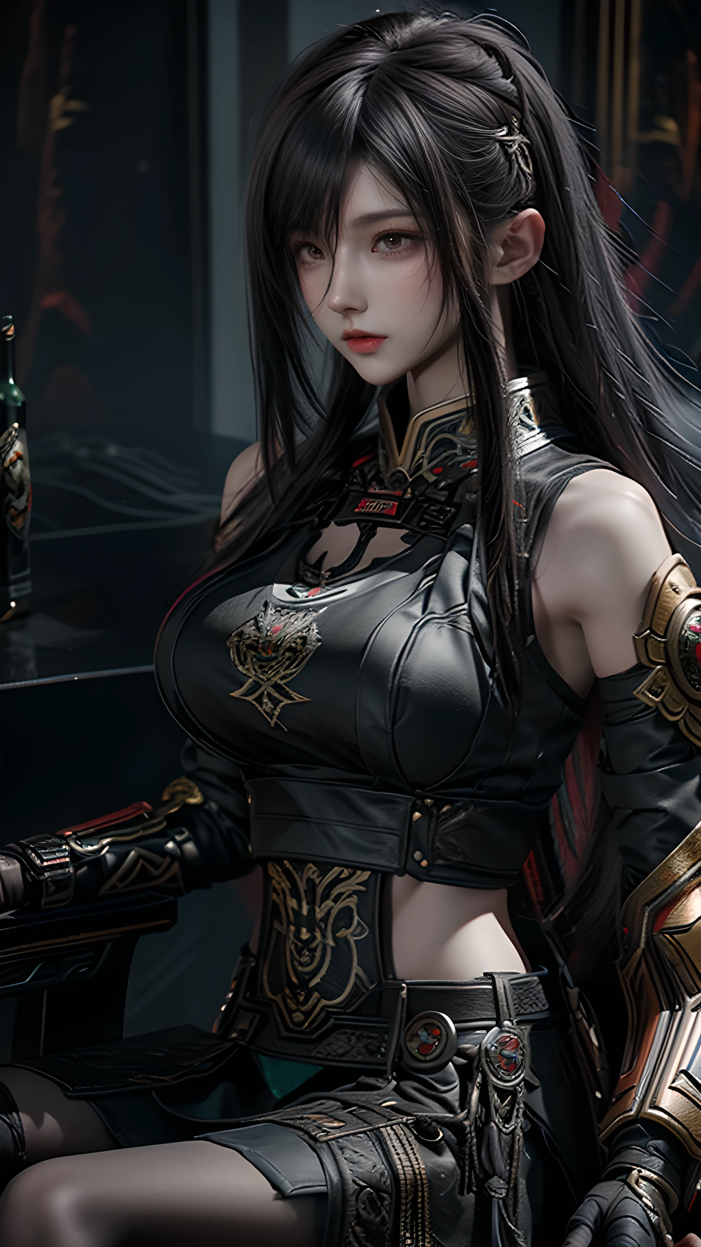 masterpiece,Game Art,Best picture quality,Maximum resolution,8k,(portrait),Unreal Engine 5 rendering works,(Digital Photography),((portrait Feature:1.5)),
20 year old girl,Short hair details,Long bangs,(The red eye makeup is carefully applied),(With long gray hair:1.4),(Large target, plump breasts),Elegance and nobility,Brave and charming,
(The future armor combines the characteristics of Chinese armor,hollow-carved design,Power Armor,Mysterious oriental runes,Exquisite clothing patterns,Magic Flash),Future Warrior,Cyberpunk Characters,War Background,
Movie Lighting,Ray Tracing,Game CG,((3D Unreal Engine)),OC rendering reflection mode